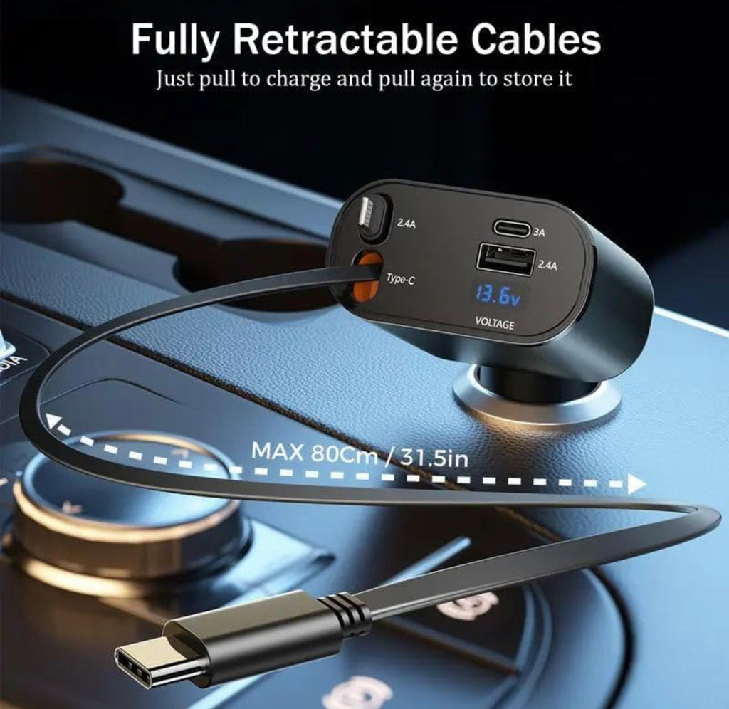 4-in-1 Retractable Car Charger | 120W Super Fast Charging